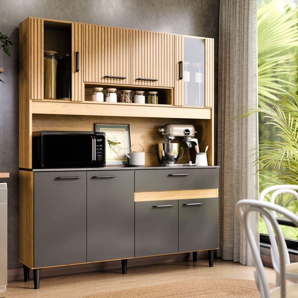 Armário De Cozinha Completa Coral Com 8 Portas E 1 Gaveta Compacto Ripado Grafite em Oferta na Shopee