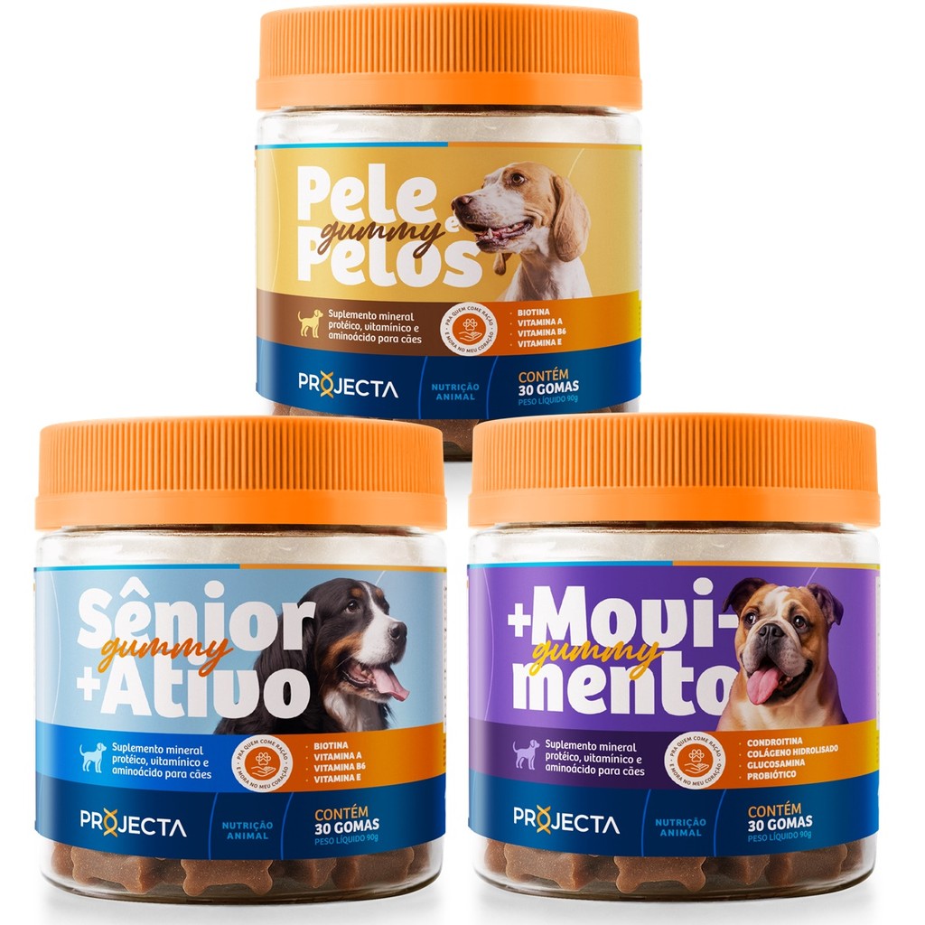 Kit com 3 potes 1 pote Mais Movimento + 1 pote Pele e Pelo e 1 pote  Senior 30 Gomas Cada Projecta