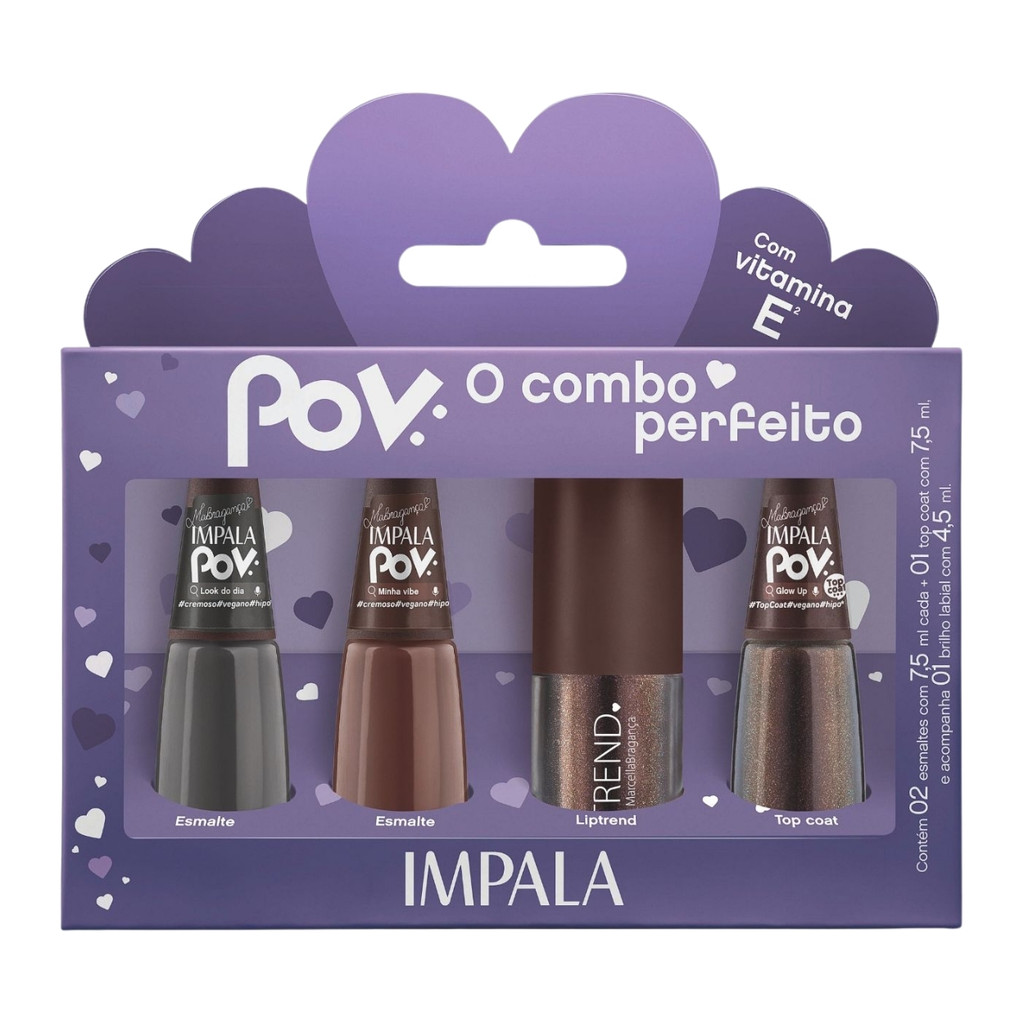 Kit 3 Esmaltes 1 Brilho Labial Coleção Pov Cor Marrom Impala
