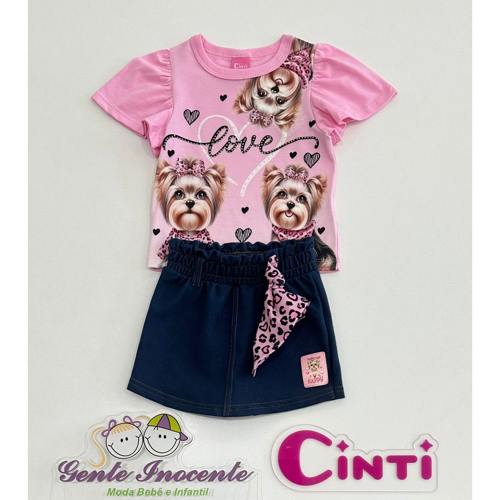 Conjunto Blusa Rosa Cachorrinhos e Shorts lmita Jeans Cinti