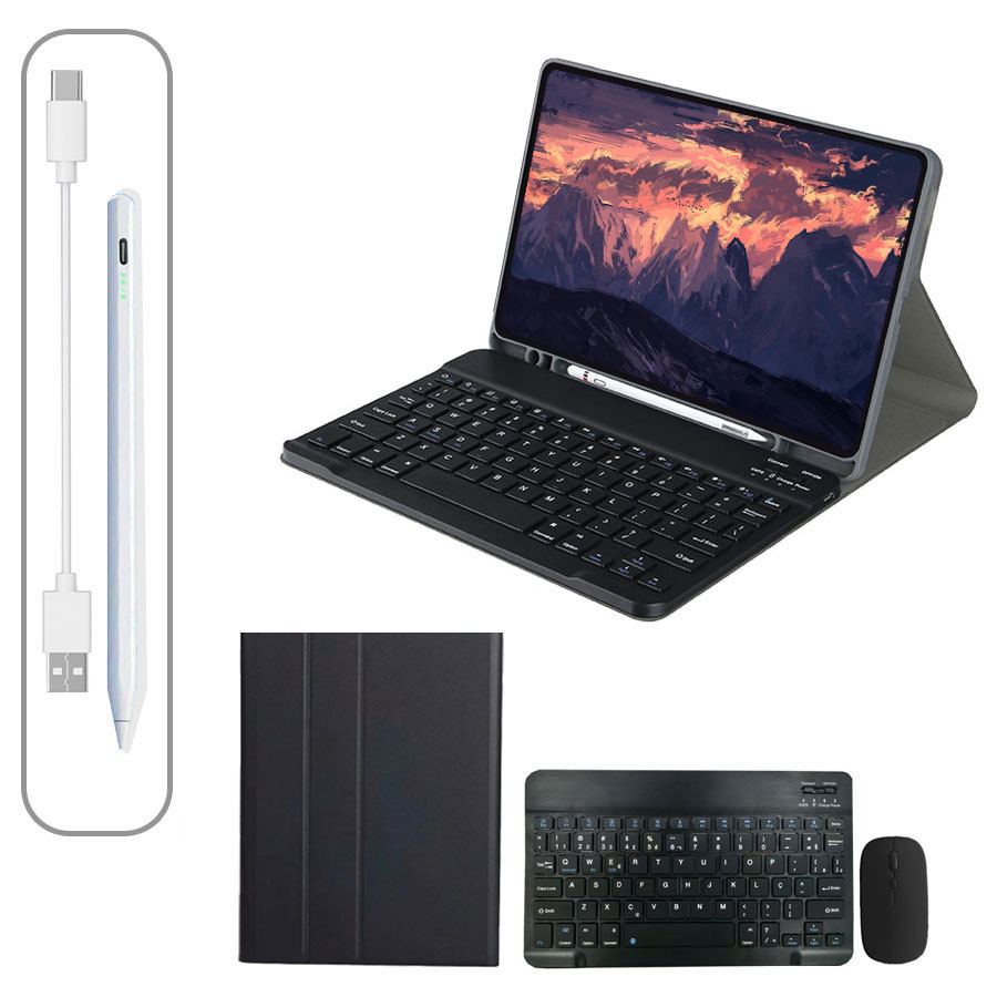 Teclado Bluetooth ABNT2 + Caneta + Mouse + Capa para Samsung Tab S6 Lite/A9Plus /S9FE / S9FE+/S10FE Com Kit 4 em 1