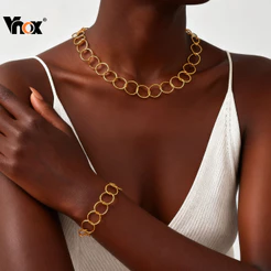 Vnox Ouro Grande Círculo Entrelaçado Pulseira Colar Conjunto Para Mulheres Meninas , Aço Inoxidável Não Manchar Jóias Pr
