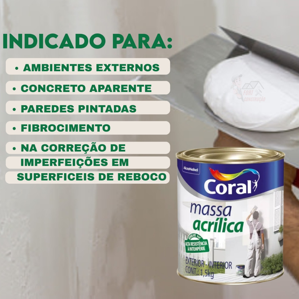 Massa Acrílica Coral RENDE ATE 4m² ALTA RESISTÊNCIA À INTEMPÉRIE EXTERIOR - INTERIOR CONT: 1,5kg
