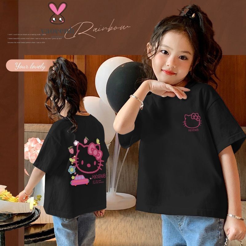 90-150CM verão meninas dos desenhos animados impresso camiseta médio pequeno crianças moda KT gato manga curta topo pron