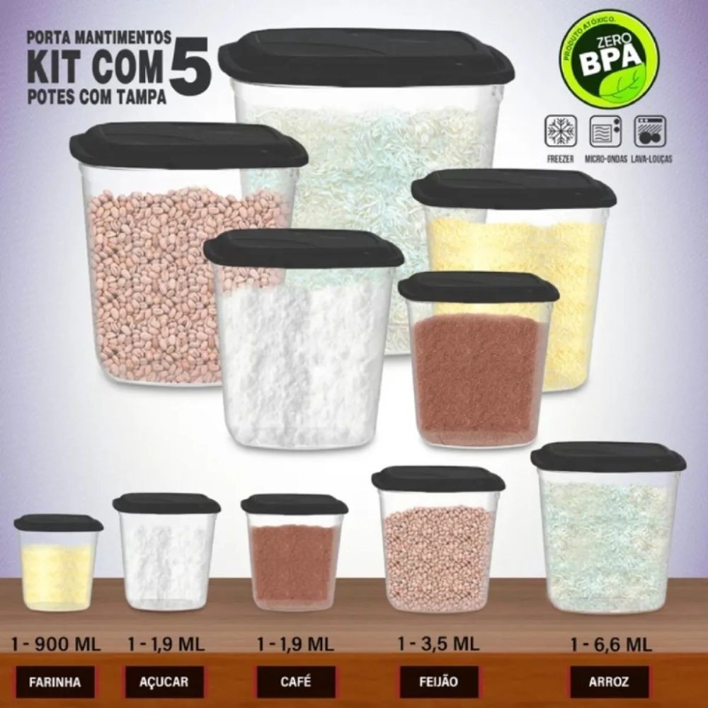 Detalhes do Kit 05 Pote Porta Mantimentos Com Tampa 5 Peças Preta