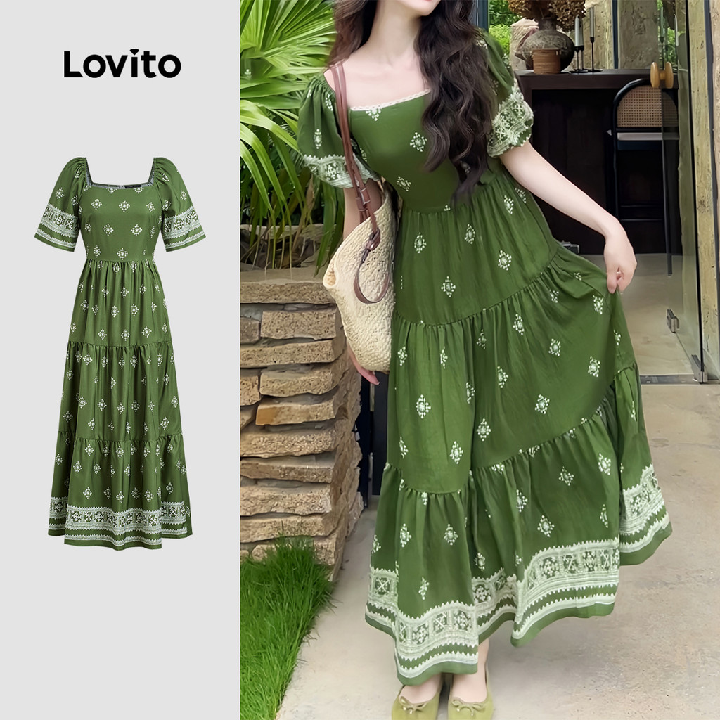 (NEW) Lovito Vestido Boho Primavera/verão Vestido Verde para mulheres L154ED464 em Oferta na Shopee