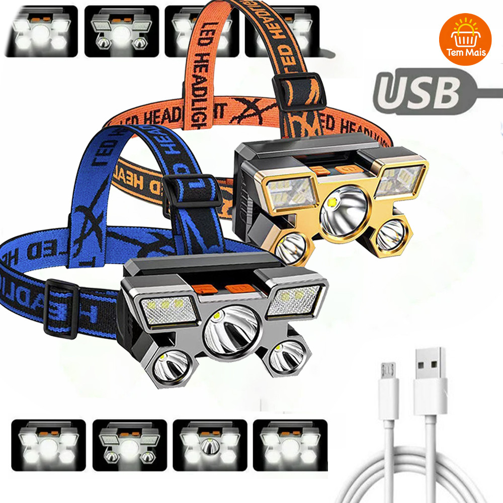 Lanterna Holofote De Cabeça 5 LED Super Brilhante À Prova D 'Água USB Recarregável 4 modos