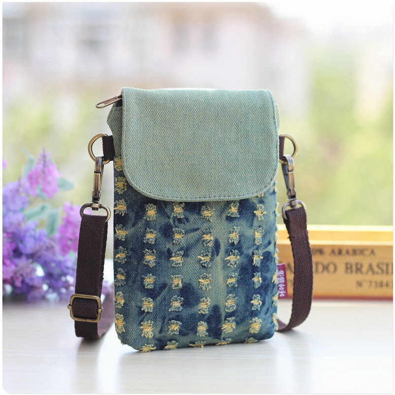 Nova Bolsa Transversal de Jeans Rasgado, Bolsa de Tecido Transversal, Bolsa para Telefone com Tela Grande, Bolsa de Teci