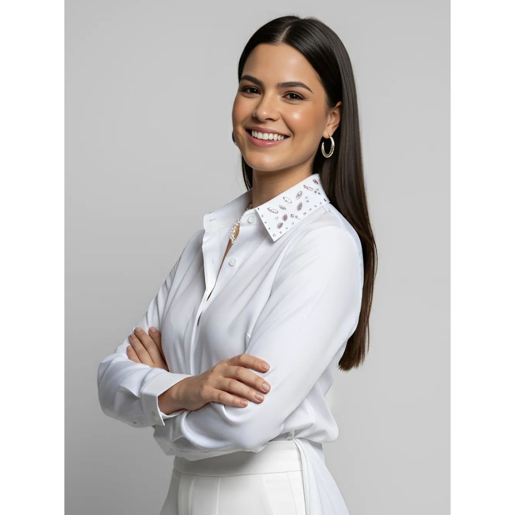 Camisa Social Feminina com Gola de Strass Premium | Blusa de Luxo Manga Longa Elegante com Aplicações de Brilho em Oferta na Shopee