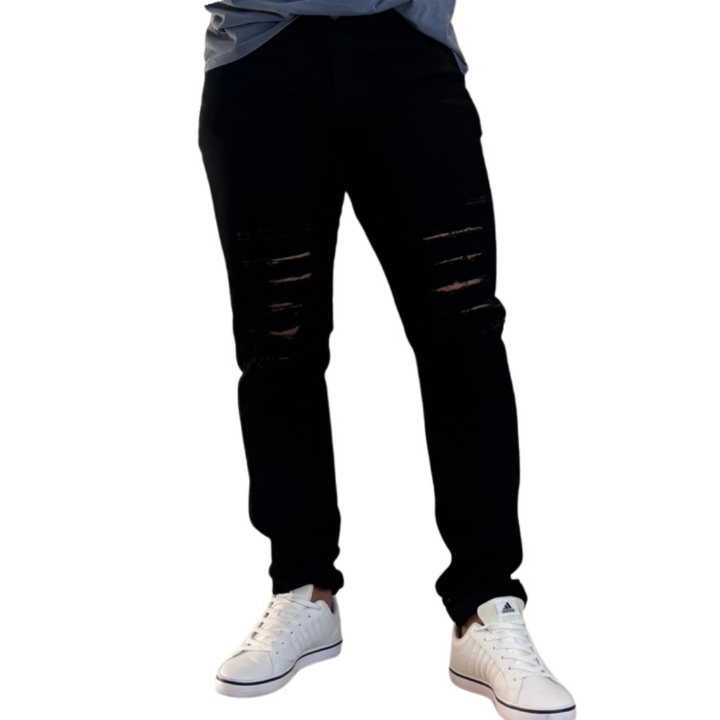 CALÇA Jeans Masculina RASGADA Slim PRETA BARRA FEITA - ELASTANO PREMIUM - CARNAVAL