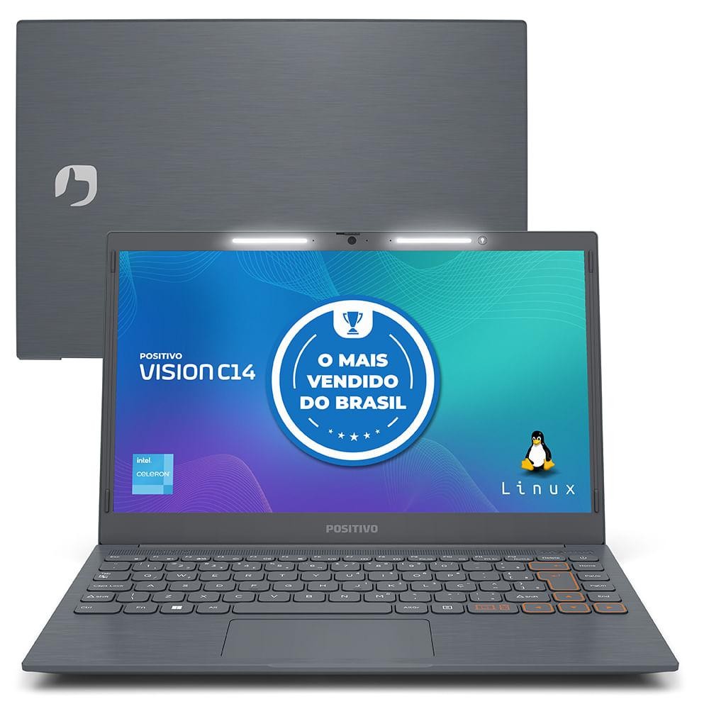 Notebook Positivo Vision C14 Intel® Celeron® Linux 4GB RAM 128GB eMMC 14” HD Lumina BAR – Cinza