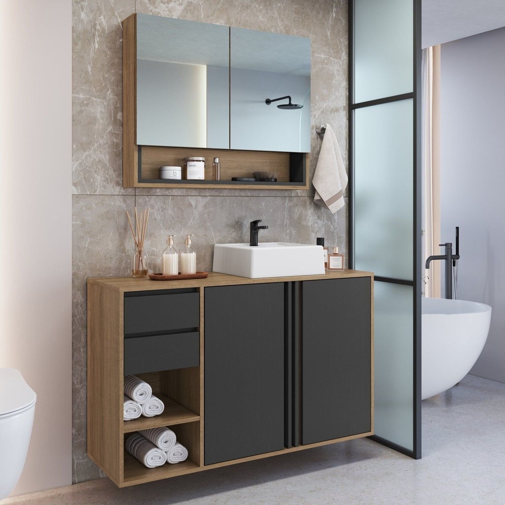 Gabinete de Banheiro 110cm com Espelheira 2 Portas e Cuba Antônia em Oferta na Shopee