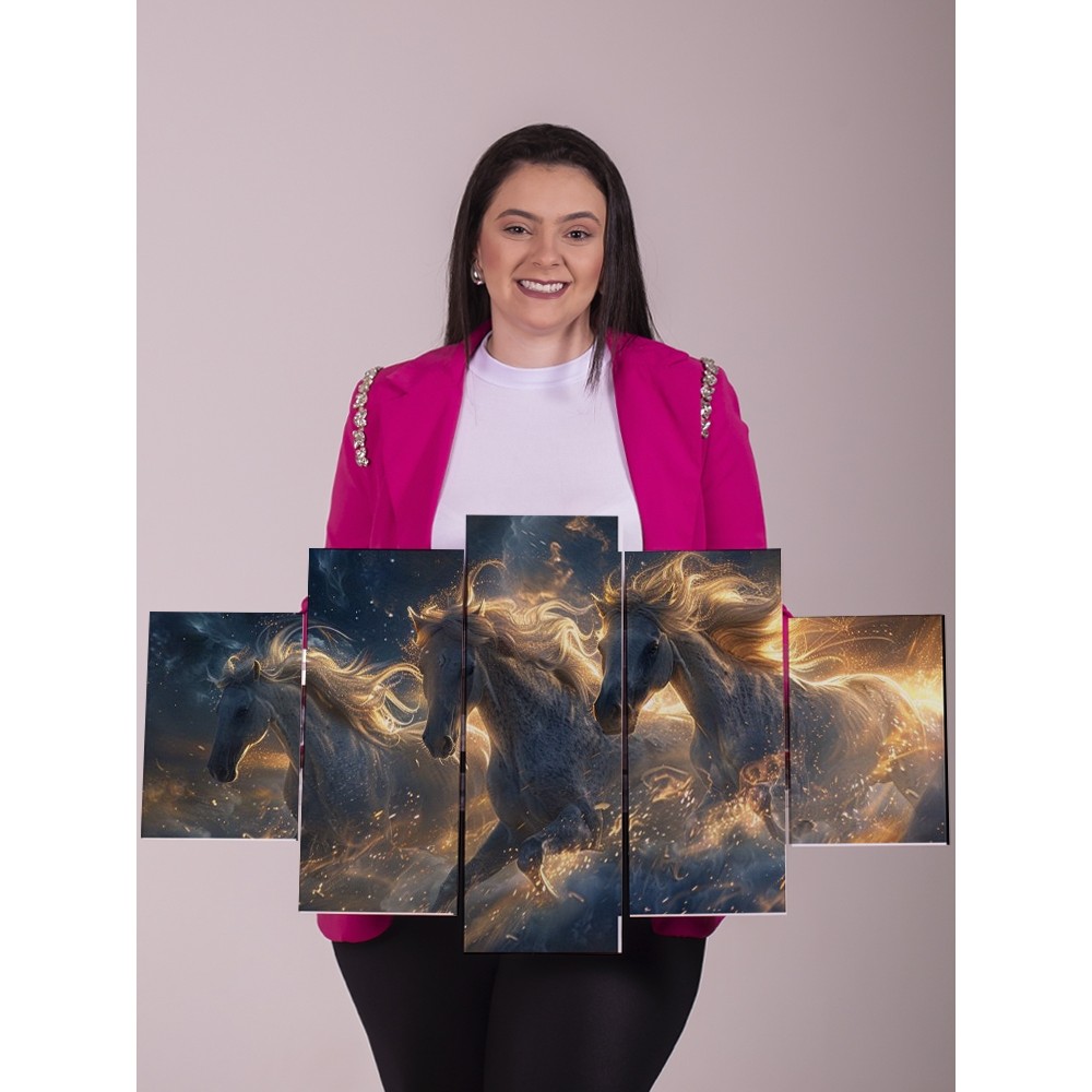 Quadro Decorativo 5 Peças Cavalos Brancos Sala Moderna Grande Painel Luxo Parede Sala Estar