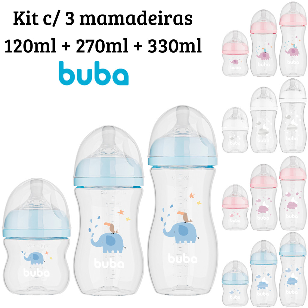 Kit 3 Mamadeiras Easy Flow Buba 120/270/330 ml Válvula Anticólica e Bico Pétala Ultrasoft