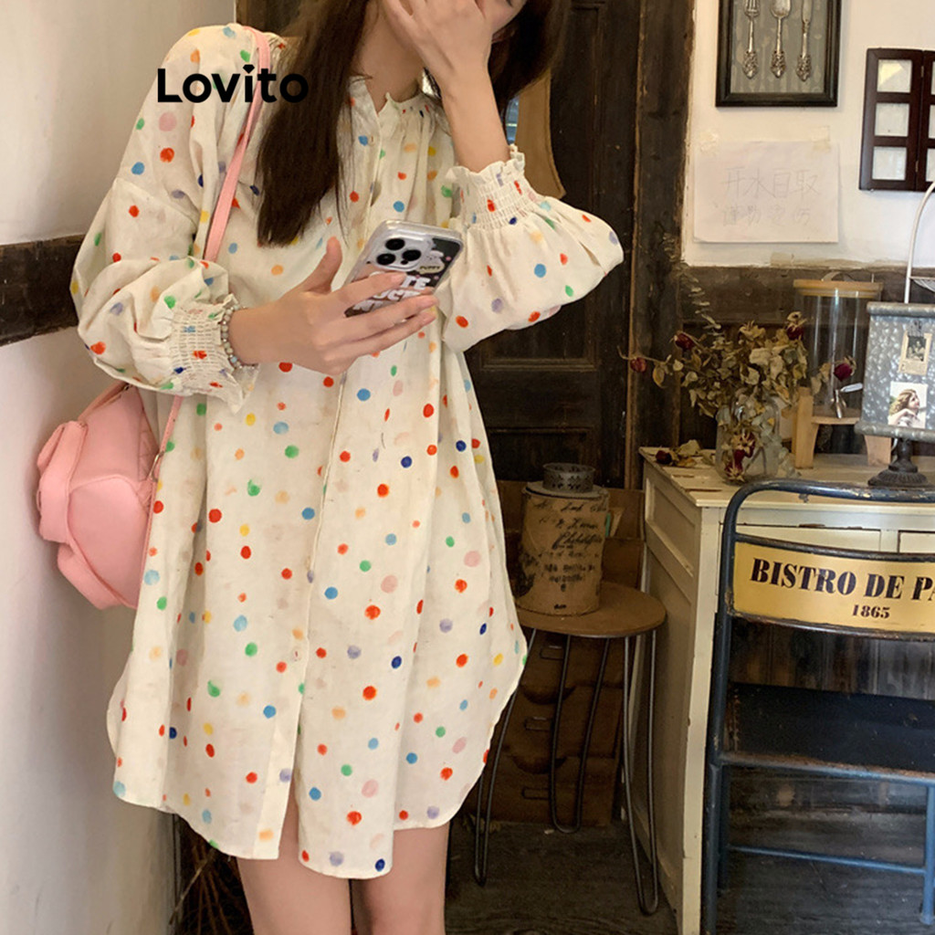 Detalhes do Lovito Vestido Delicado Colorblock Poá Feminino LNA42176