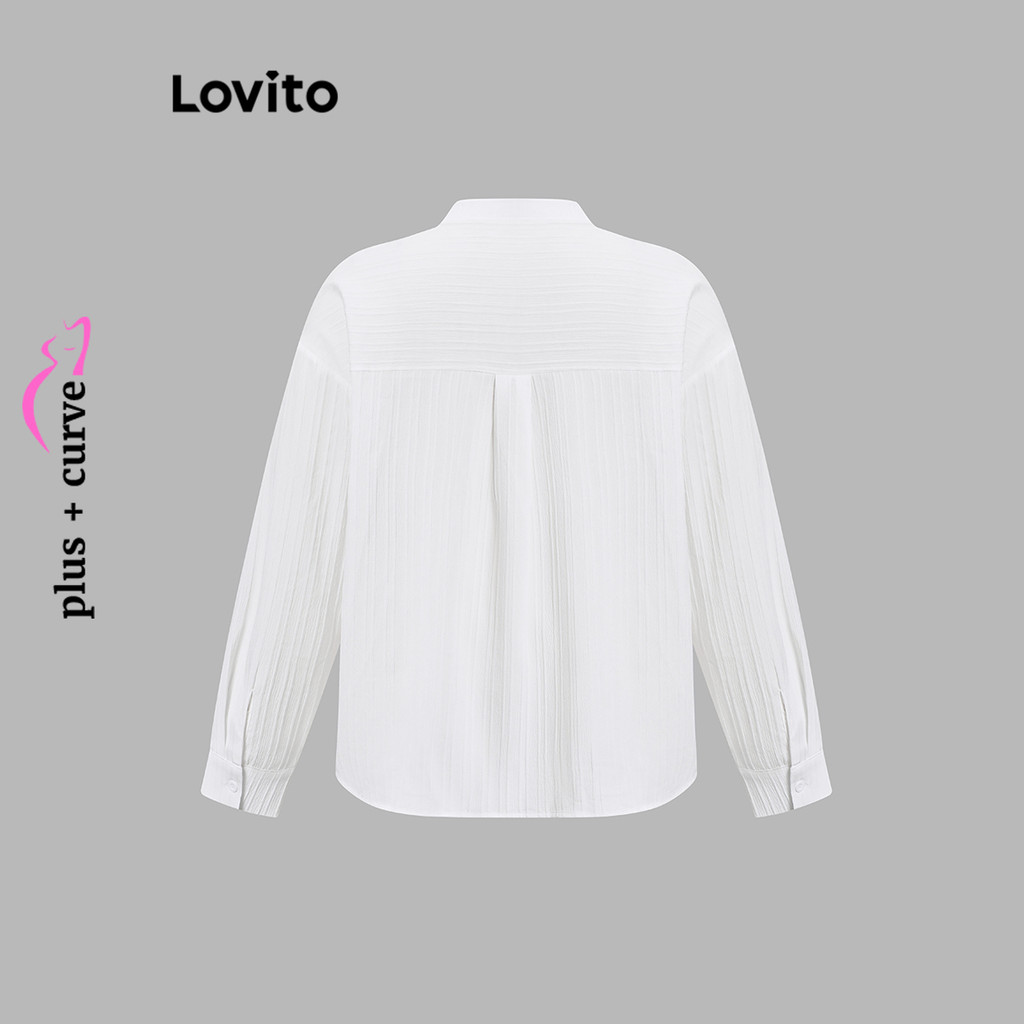 Detalhes do Lovito Blusa Feminina Casual Plus Size Curva Jacquard Lisa com Botão LBL16672