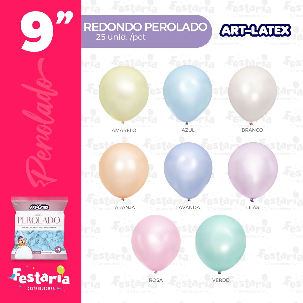 Balão Perolado 9" Diversas Cores  – 25 Unid – Art Latex