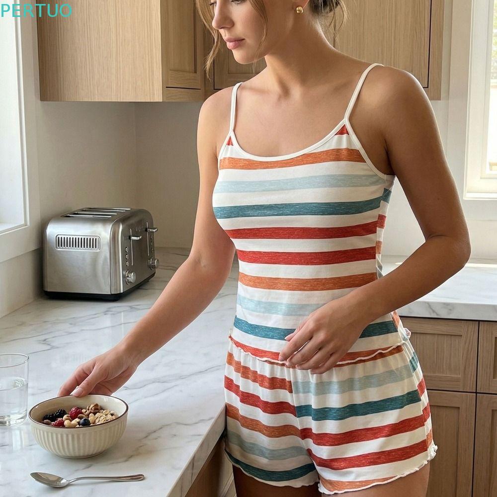 Imagem Conjunto De Pijamas Listrados PERTUO , Loungewear Com Babados Coloridos , Roupa De Dormir Confortável Sem Mangas De Duas