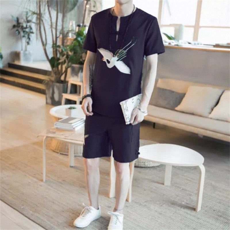 A58 estilo chinês algodão linho Shorts de manga curta terno masculino na moda linho Casual Retro fivela bordado vestido