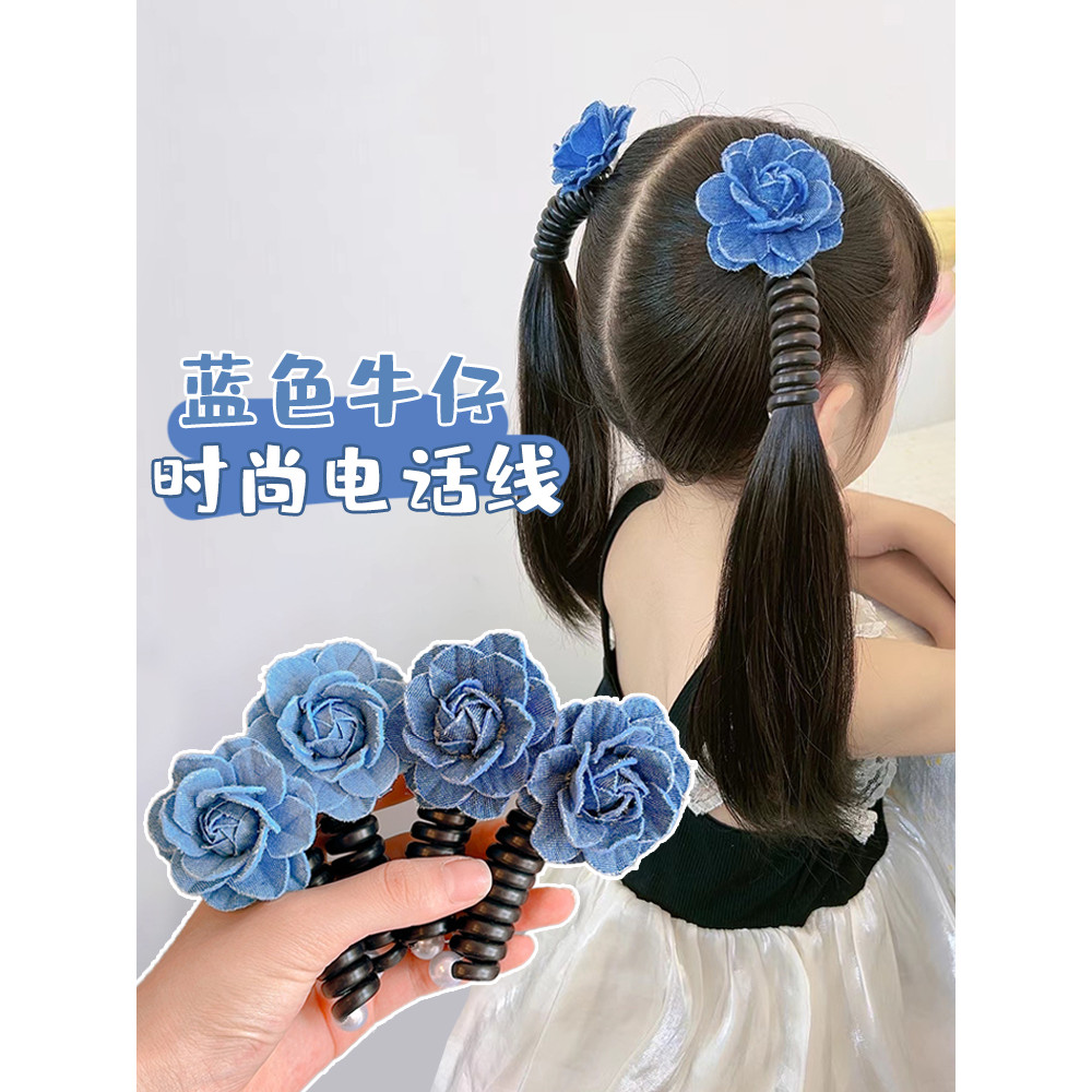 Verão crianças linha telefônica rabo de cavalo bandana 2025 novo estilo meninas influenciador Denim flor anel de cabelo