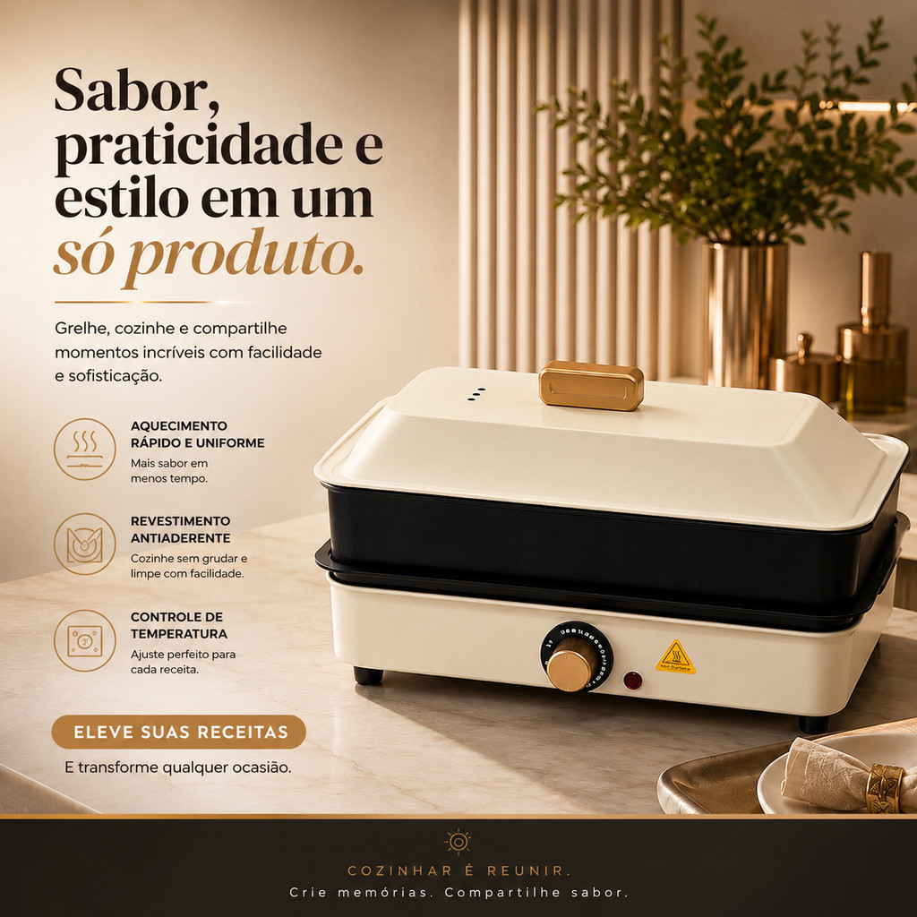Chapa Elétrica Grill Multifuncional Antiaderente Churrasqueira Com Tampa Controle De Temperatura