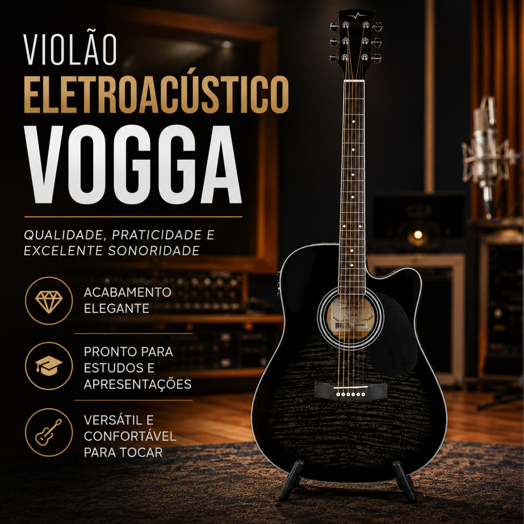 Violão Eletroacústica Vogga Vck370 Black Flamed