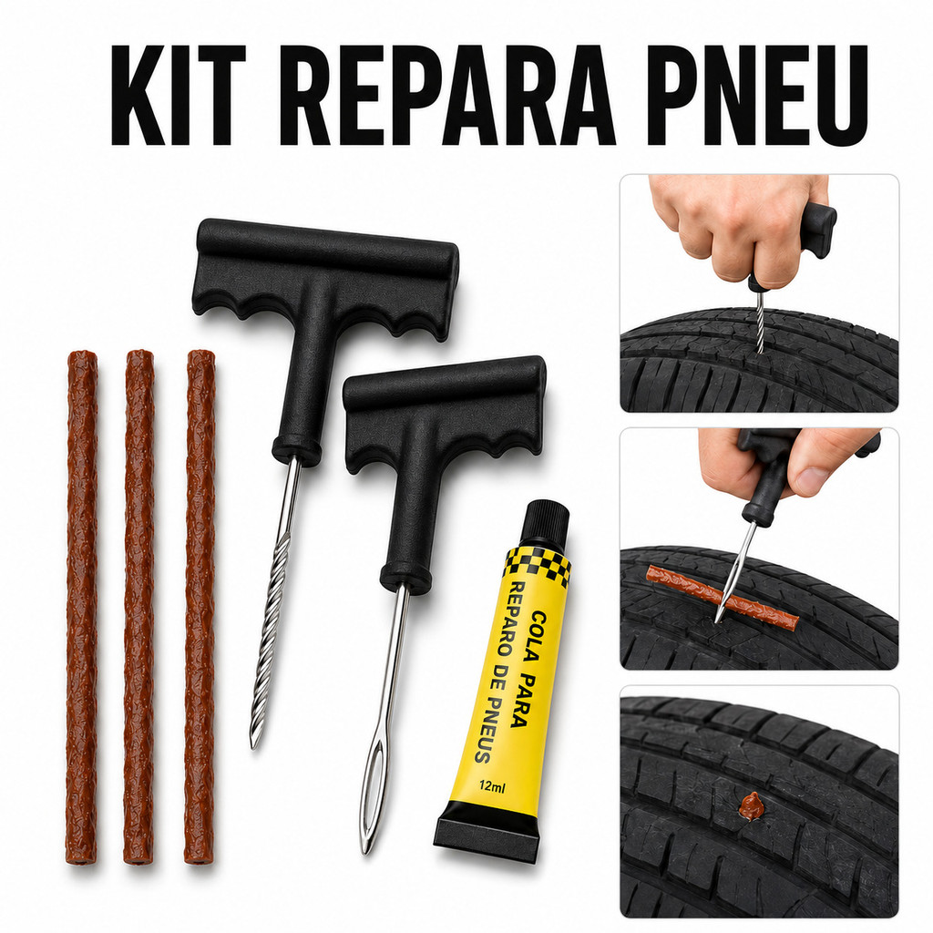 Kit Conserto de Pneu Sem Câmara Reparo Rápido para Carro Moto SUV