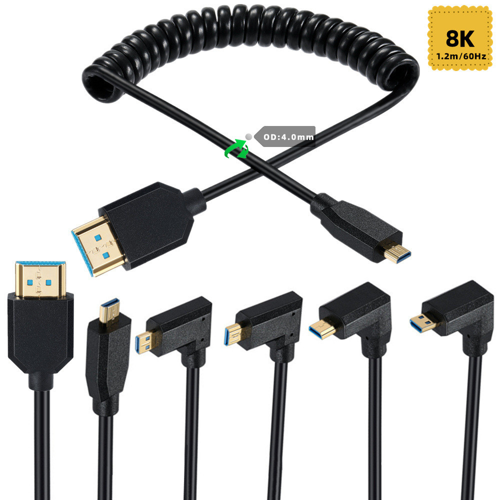 Cabo Enrolado HDMI Macho para Micro HDMI Macho 90 Graus, 1.2M, 8K@60Hz/4K@120Hz para Câmera Digital Filmadora HDTV
