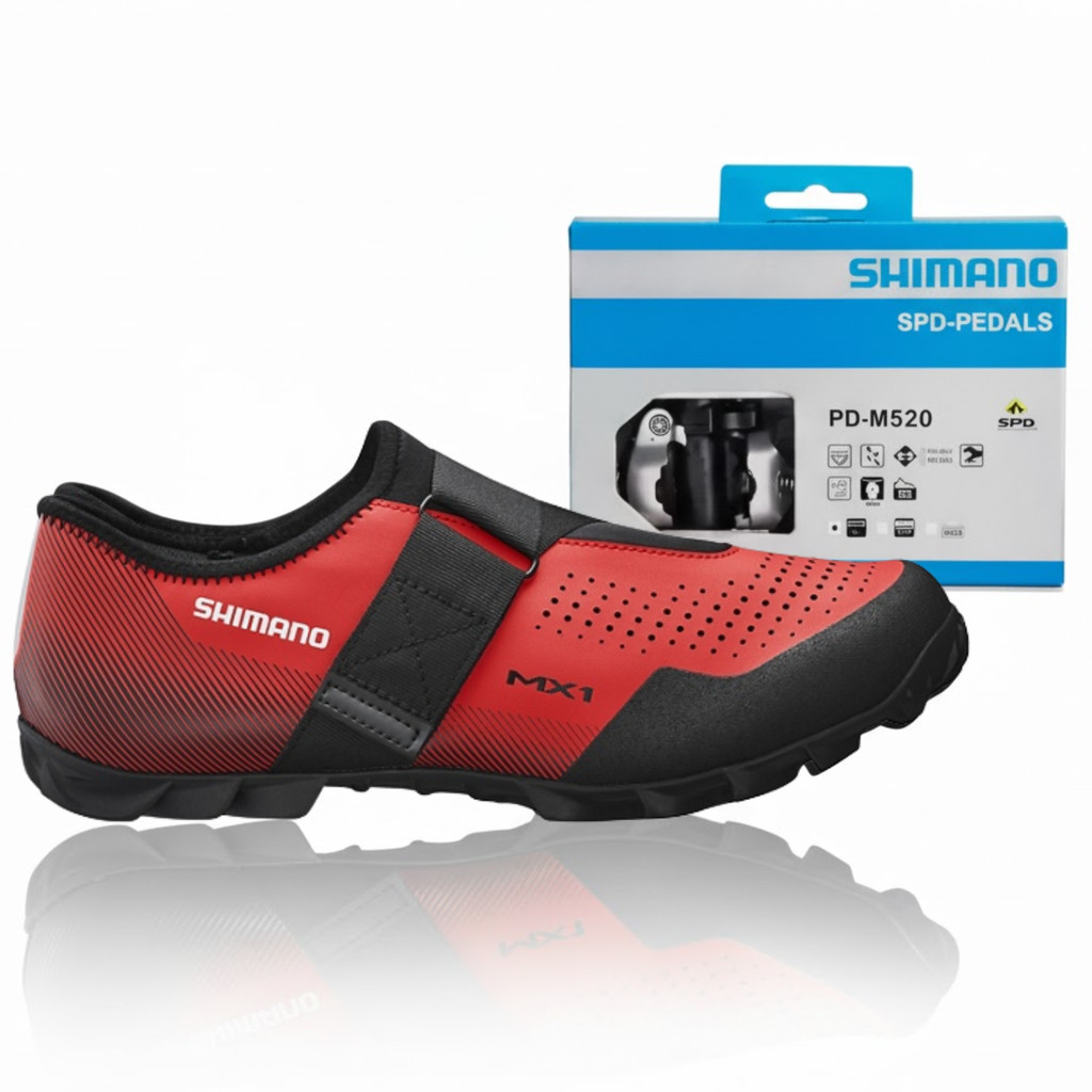 SAPATILHA MTB SHIMANO SH-MX100 -  VERMELHA + Pedal M520