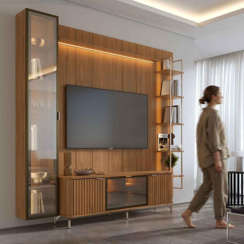 Rack c/ Painel p/ TV até 85" 6 Prateleiras e Cristaleira 1 Porta Vidro Reflecta LED Neon Float 254cm-Canella/ Champanhe