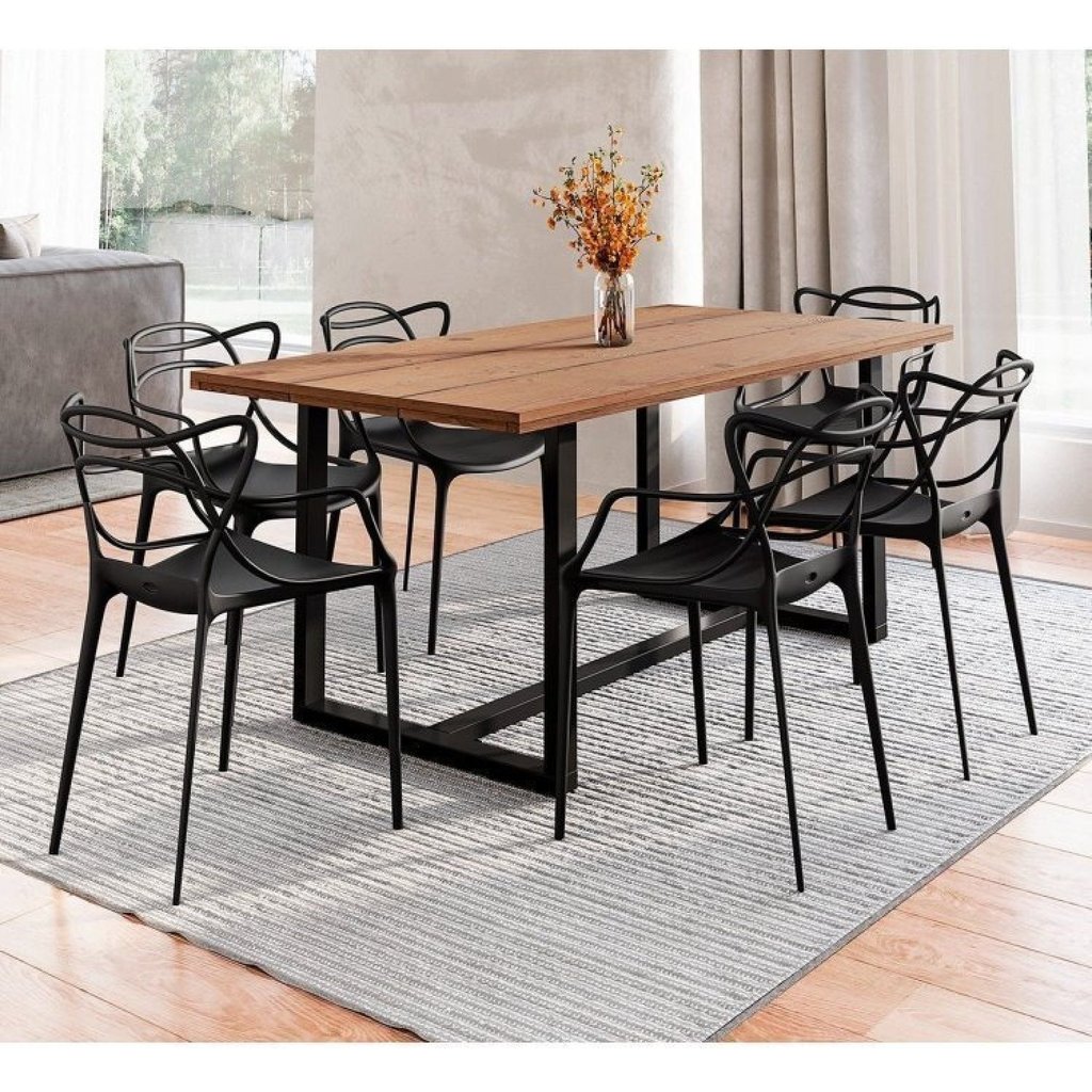Conjunto Mesa de Jantar Rústica de Madeira Maciça com 6 Cadeiras Allegra Preto/Marrom 210