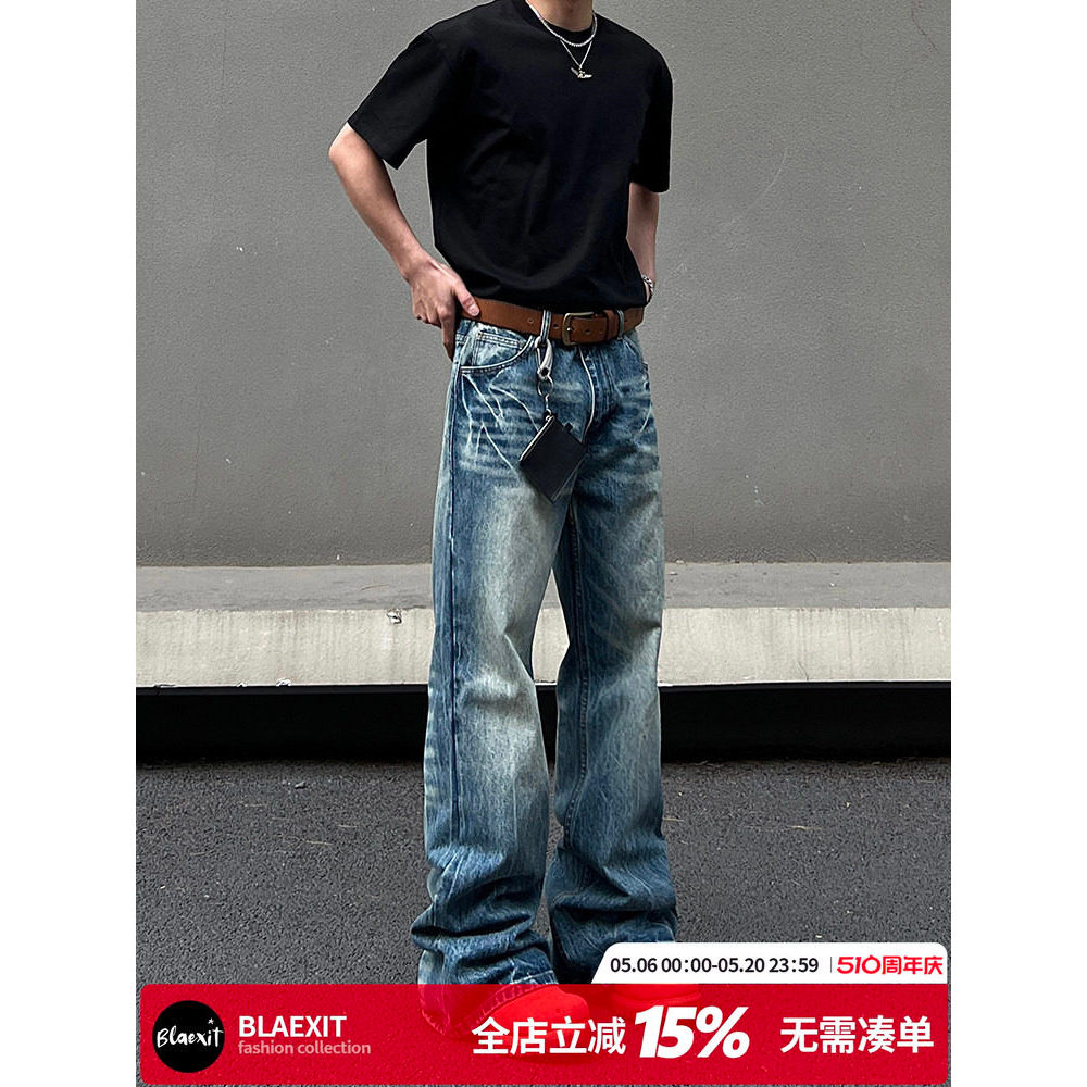 BLAEXIT American High Street vibe Ice Blue Lightning Pattern Calça Jeans masculina reta ligeiramente limpa