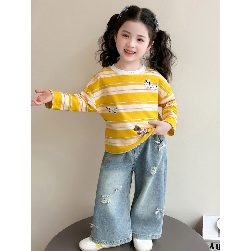 Meninas primavera roupas de manga comprida camiseta 2026 novo estilo médio pequeno crianças primavera listrado camisa de