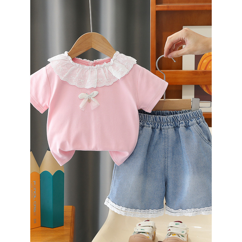 Meninas roupas de verão moda gola boneca de manga curta terno de duas peças bebê verão dos desenhos animados do bebê cri
