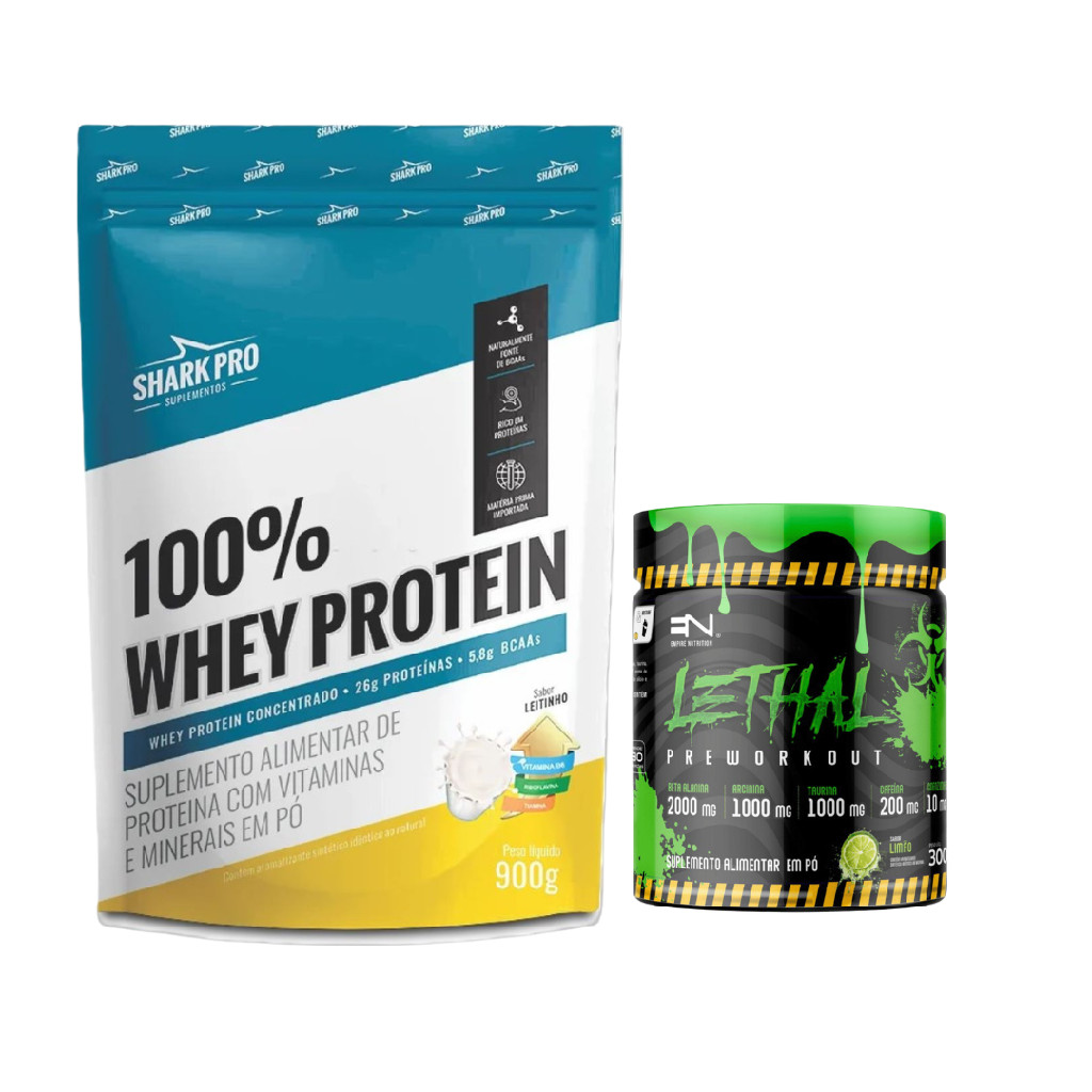 Kit 100% Whey Protein Shark Pro 900g Leitinho + Pré Treino Lethal 300g Limão