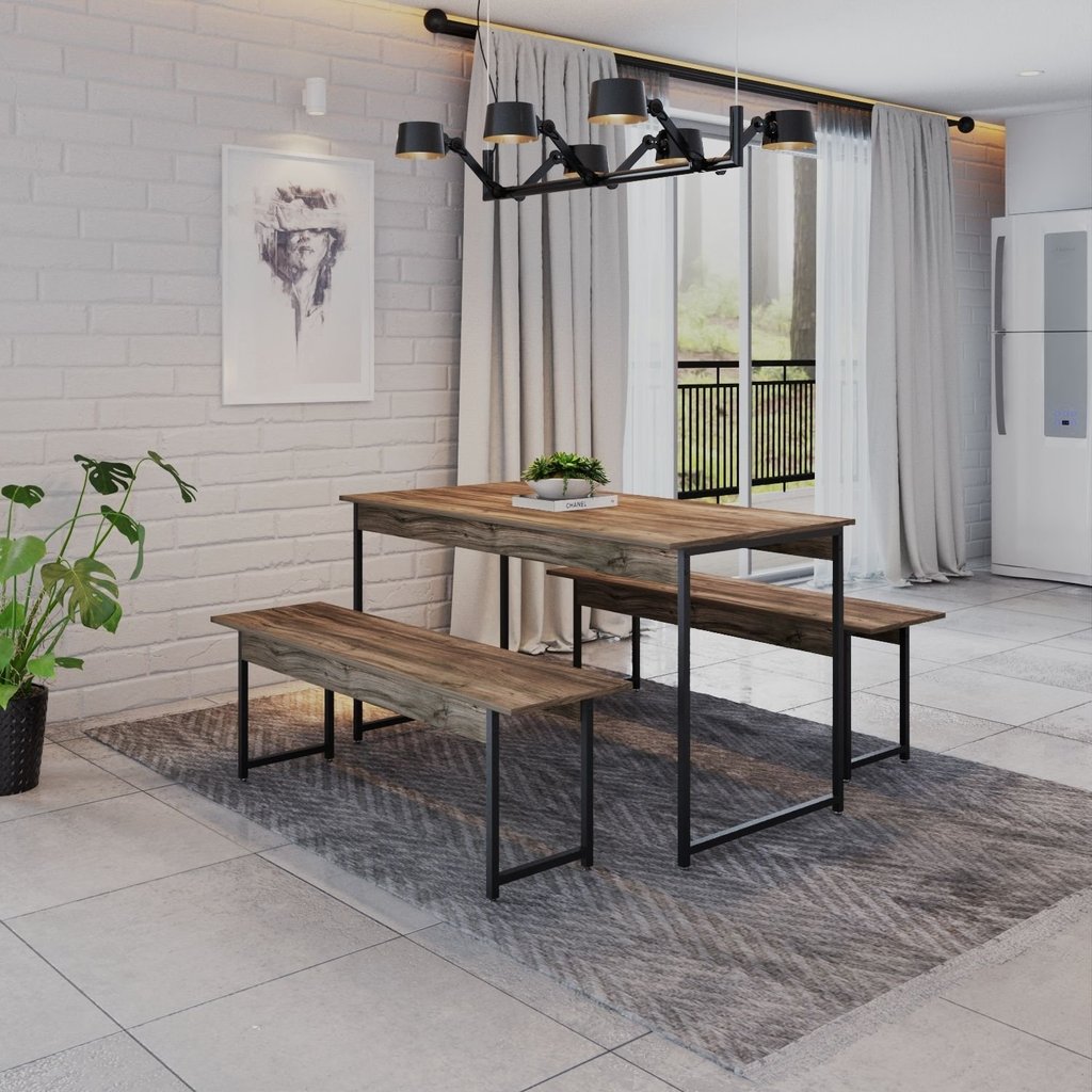 Conjunto Mesa de Jantar com 2 Bancos Estilo Industrial Active Yescasa Marrom/Carvalho Dark Carvalho Dark