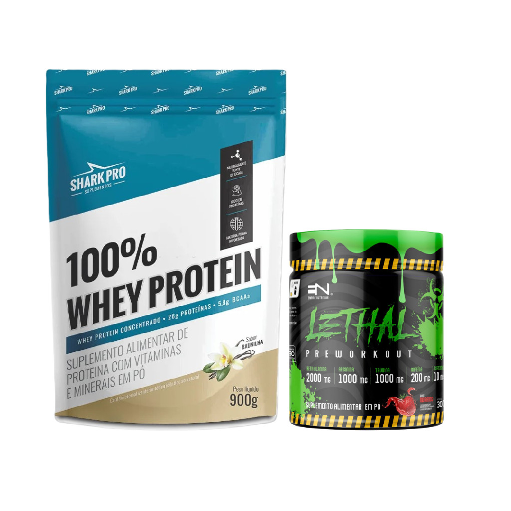 Kit 100% Whey Protein Shark Pro 900g Baunilha + Pré Treino Lethal 300g Morango