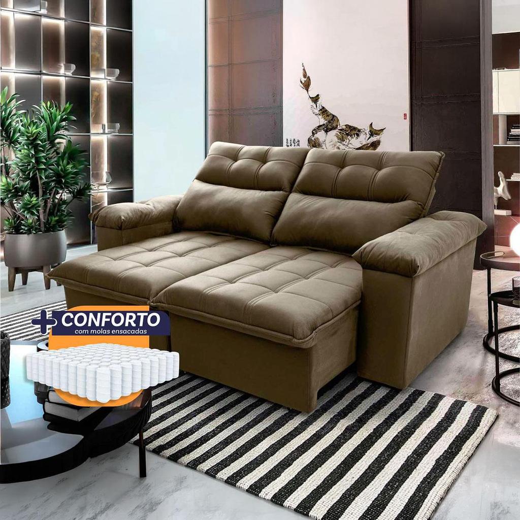 Sofá Retrátil Reclinável Verona 1,80m Suede Velut Bege Molas Ensacadas - King House