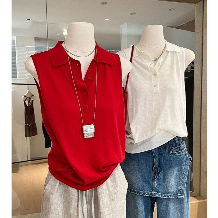 Red polo Women's summer thin loose-fitting vest, high-end stylish sleeveless knitted top for outer wear