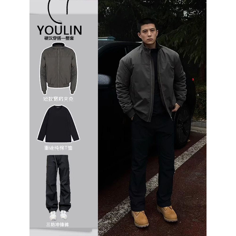 Street wear americano jaqueta de três provas masculina primavera outono um conjunto cara resistente usar gola alta conto