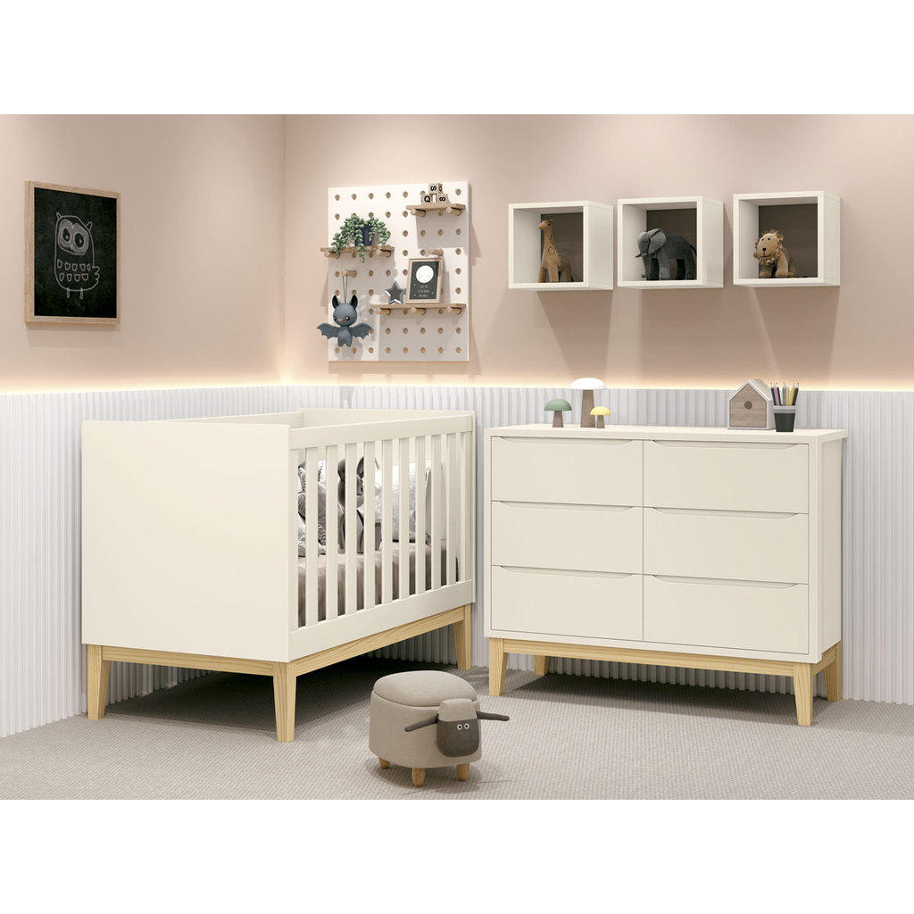Jogo de Quarto para Bebê Classic moderno 6 Gavetas New Areia Fosco com Natural - MoveisAqui