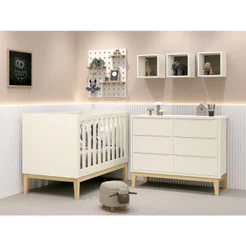 Jogo de Quarto para Bebê Classic moderno 6 Gavetas New Areia Fosco com Natural - MoveisAqui