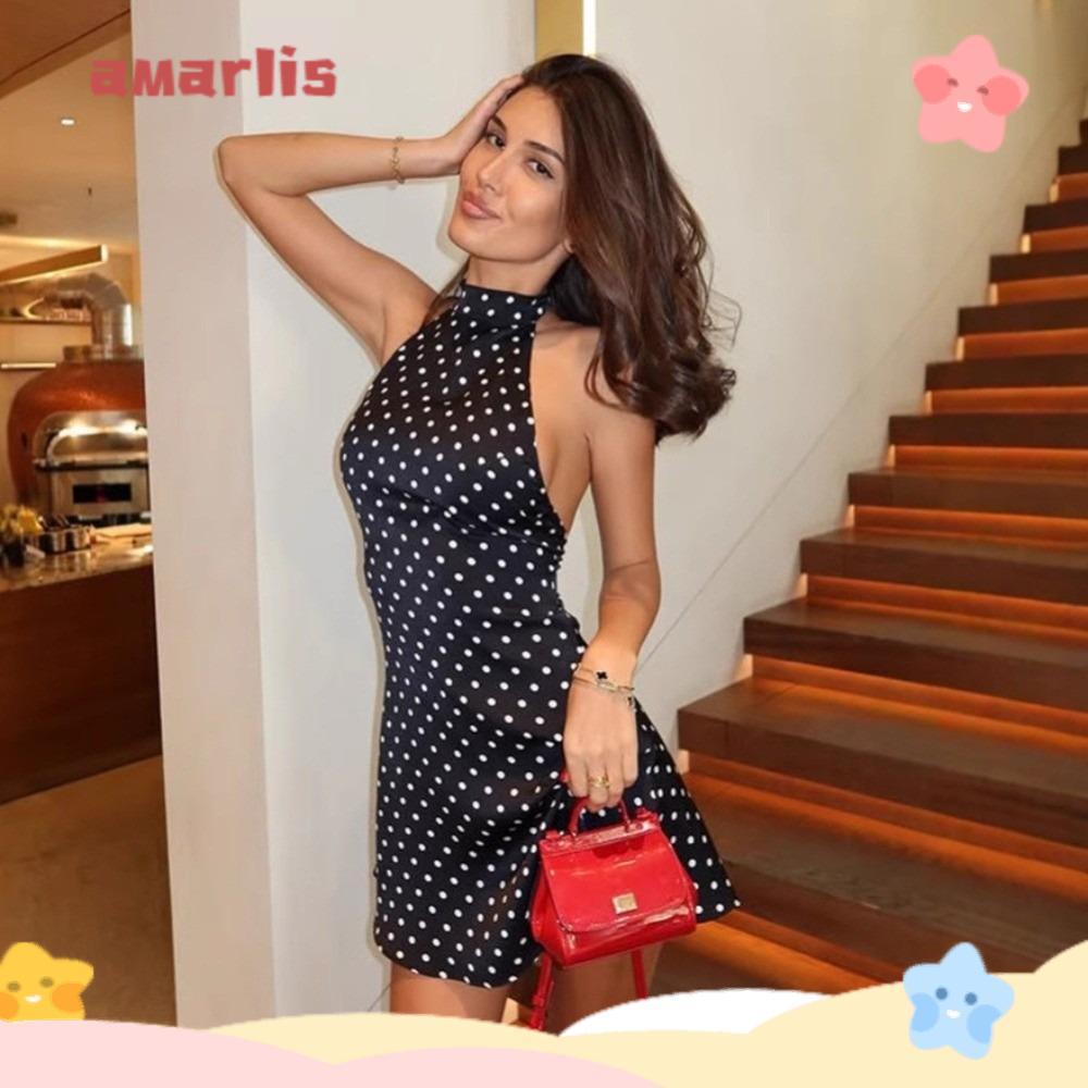 Vestido Feminino AMARLIS Sem Mangas , Costas Nuas , Cintura Justa , Gola Halter , Casual Respirável De Bolinhas