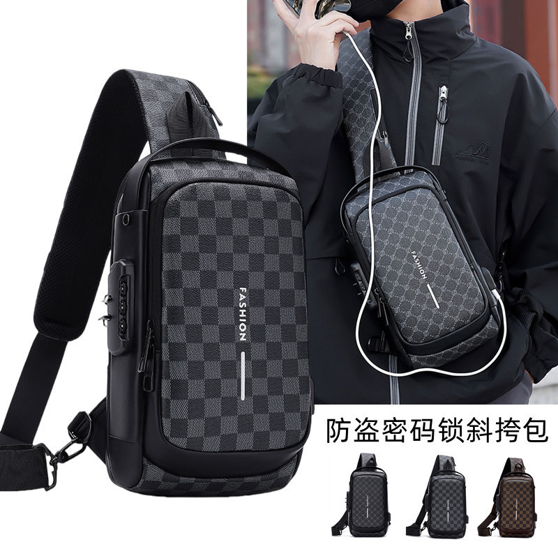 Anti-roubo saco de peito motocicleta combinação bloqueio bolsa de ombro masculina moda xadrez lazer esportes multifuncio