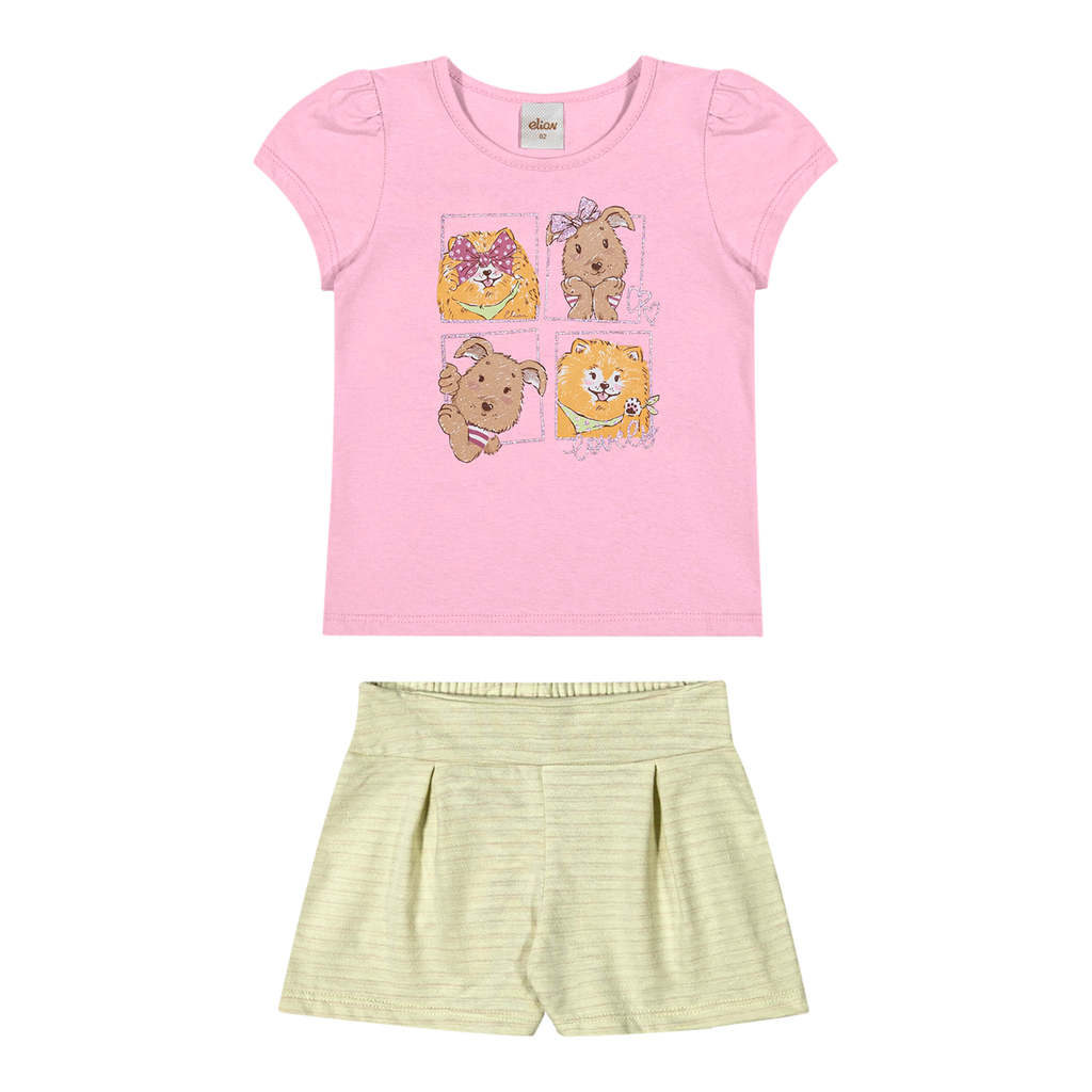 Conjunto Infantil Menina Cachorrinhos Elian Rosa Claro