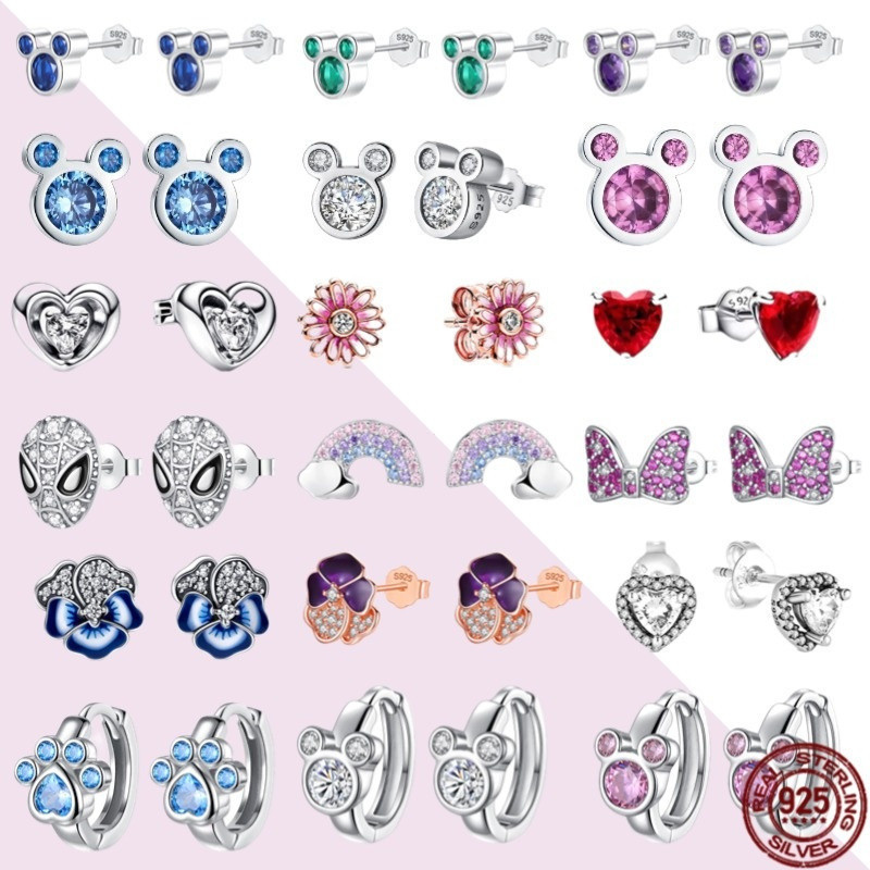 Brincos femininos da Minnie e do Mickey, elegantes e fofos, incrustados com zircônia brilhante, brincos de prata S925, b