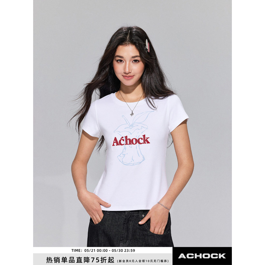 [Loja oficial do Achock] Street Wear Hip-Hop Apple Core Print Slim-fit Slimmer Look Manga Curta