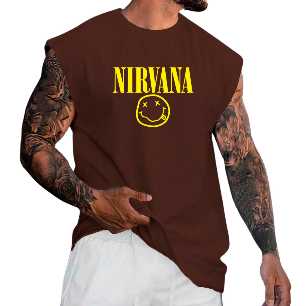 Regata camiseta cavada sem mangas Camiseta Cavada Oversized Nirvana Rock Streetwear Gym 100% Algodão