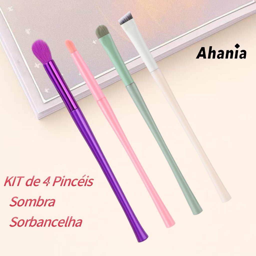 Kit de 4 Pincéis de Maquiagem Pincel de Esfumar , Pincel Chanfrado para Sobrancelha, Pincel de Sombra e de Iluminador