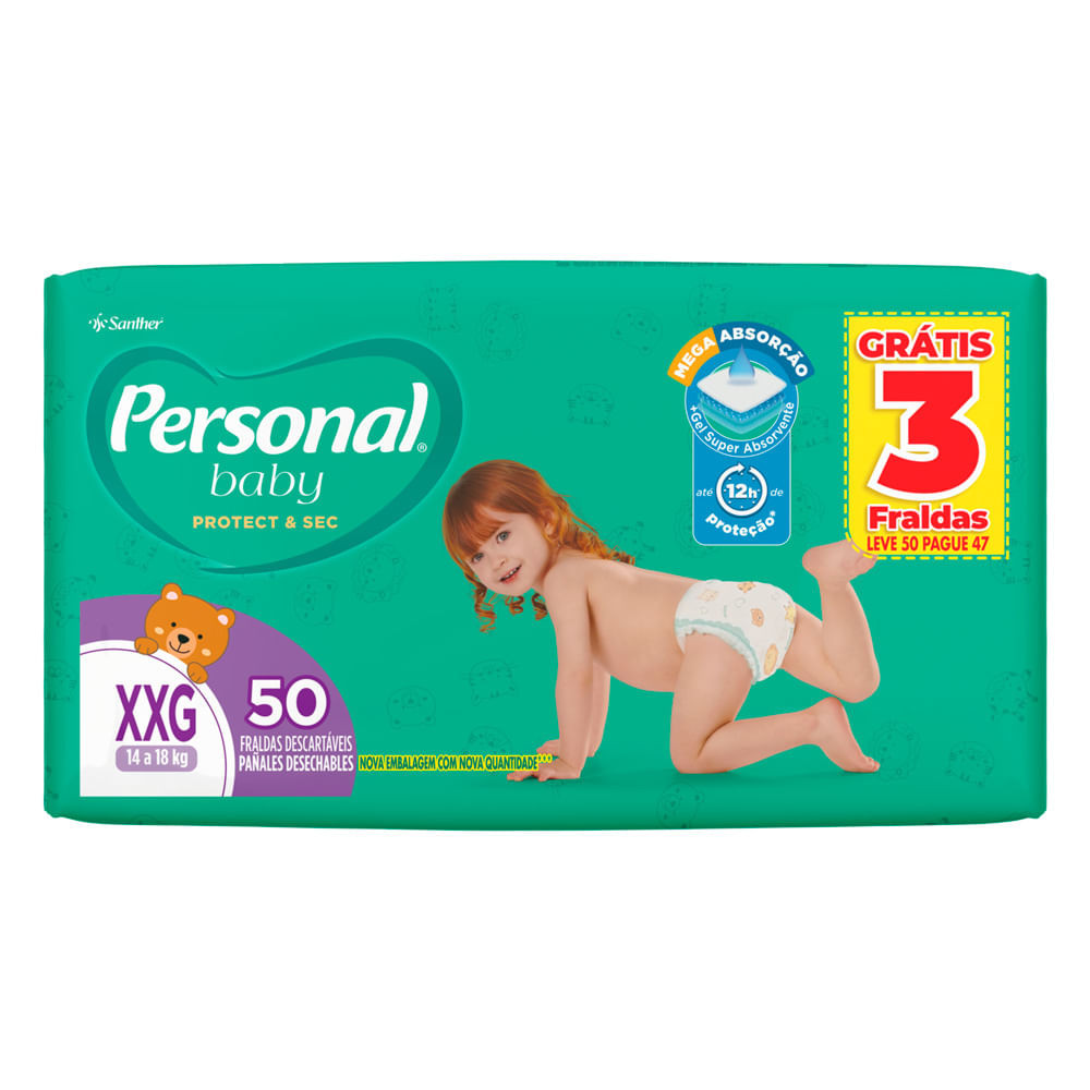 Fralda Personal Baby Protect & Sec Tamanho XXG Leve 50 Pague 47 Unidades Descartáveis
